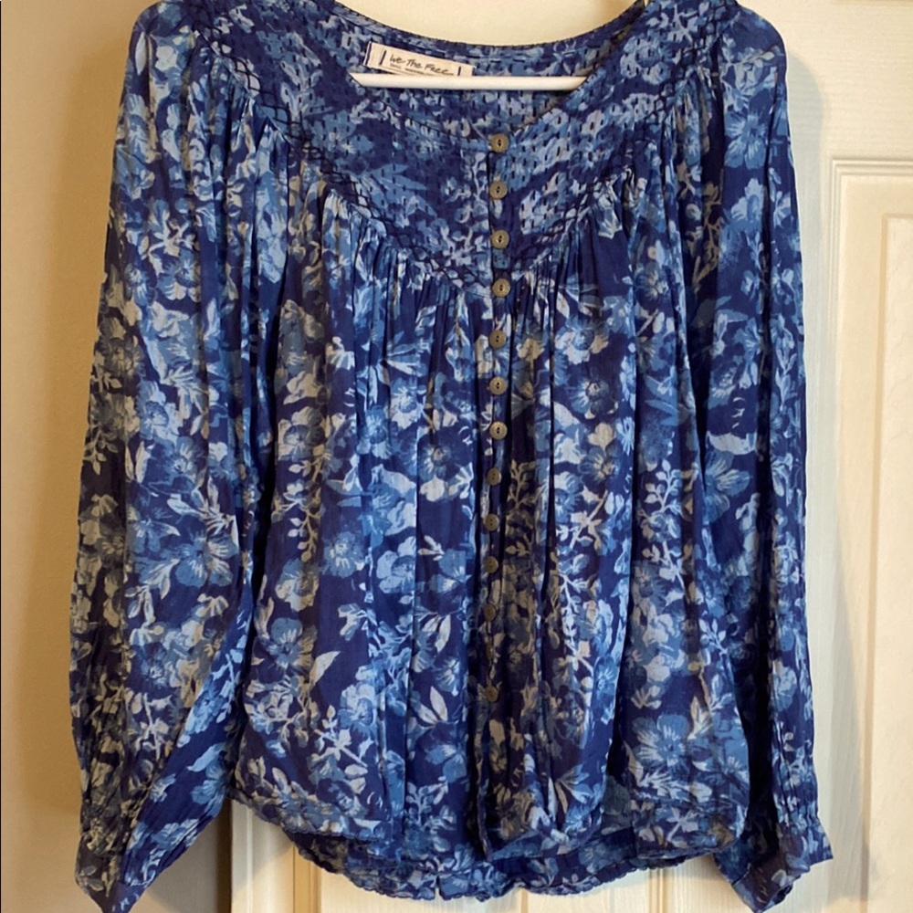 We The Free Blue Floral Button-Front Blouse